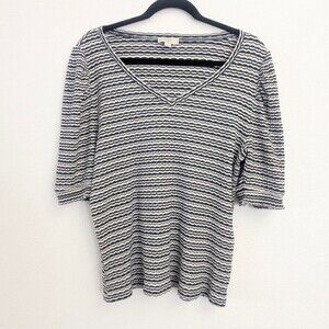 LOFT Navy White Textured Stripe V-Neck Knit Top Size XL